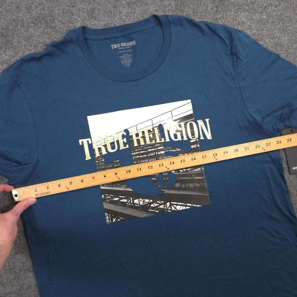 True Religion T Shirt Mens 3XL Majolica Blue Bench Graphic Short Sleeve Crew NEW